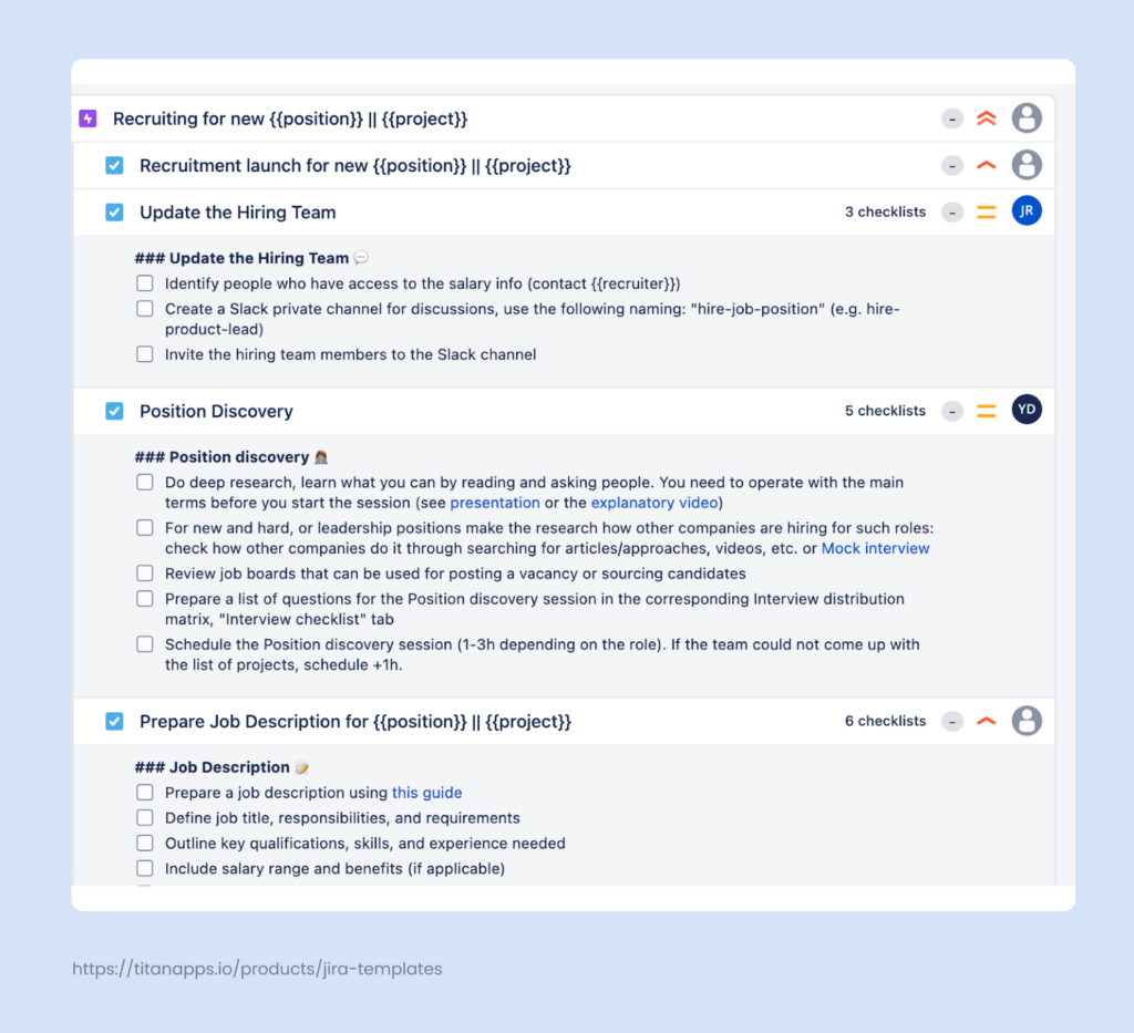Jira Position Opening Template as a set of tasks