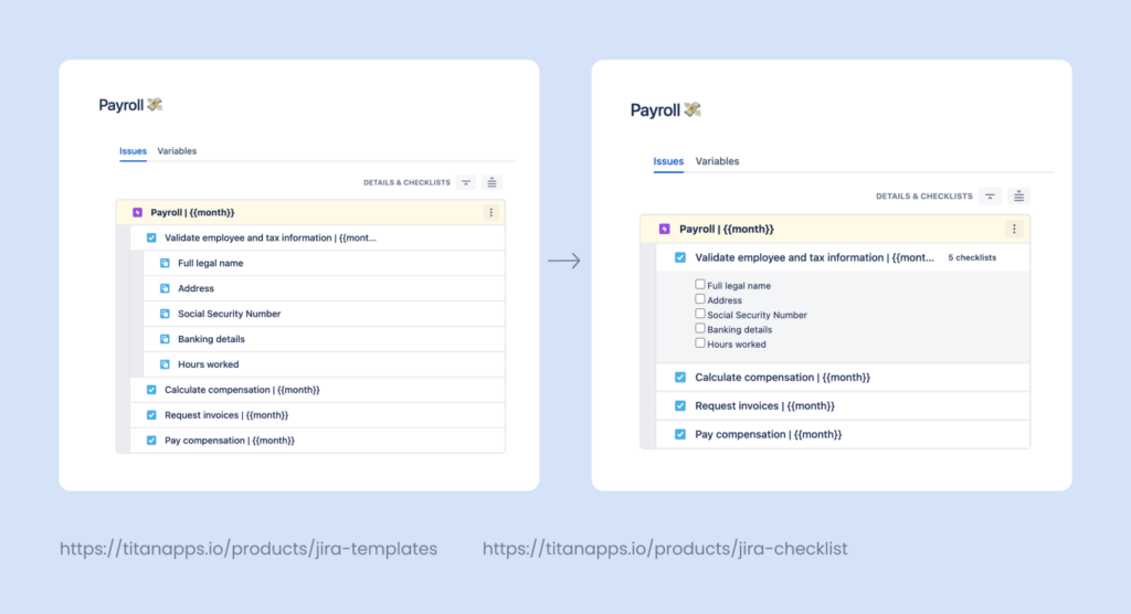 2. Jira Payroll template with checklists and subtasks