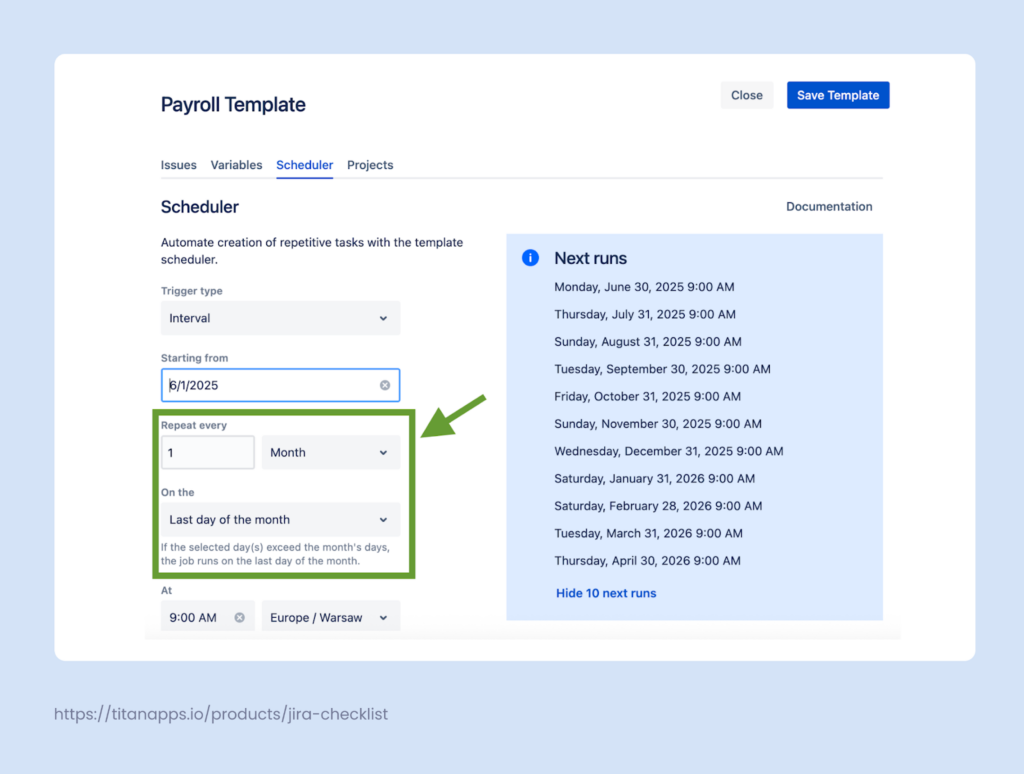 4. Jira Payroll template - auto scheduler