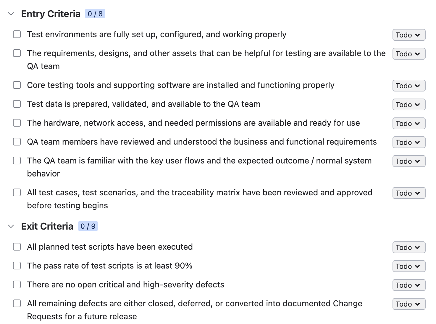 Test plan template - entry and exit criteria - checklist template - smart checklist