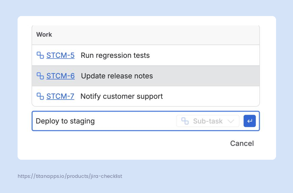 Jira subtask list with three subtasks and an inline field adding “Deploy to staging” as a new Sub-task.