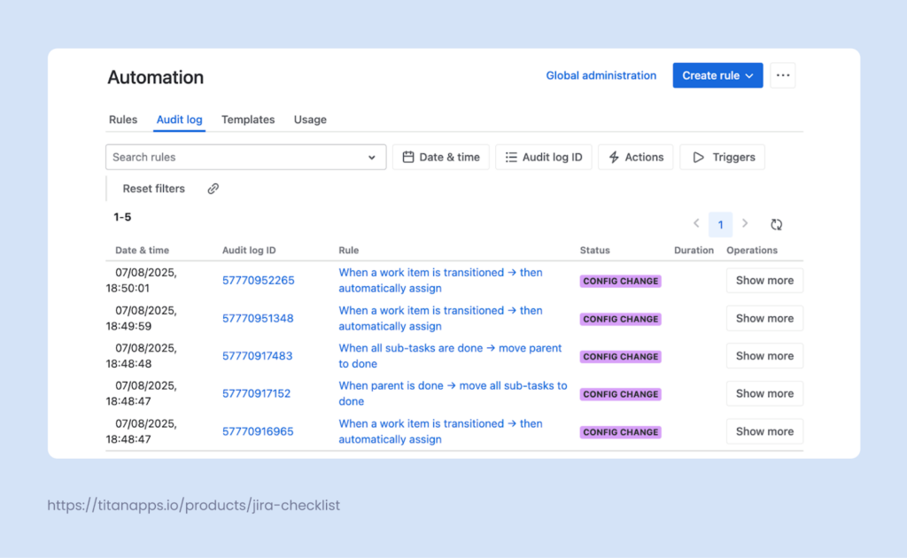 Check performance in Jira Automation audit logs