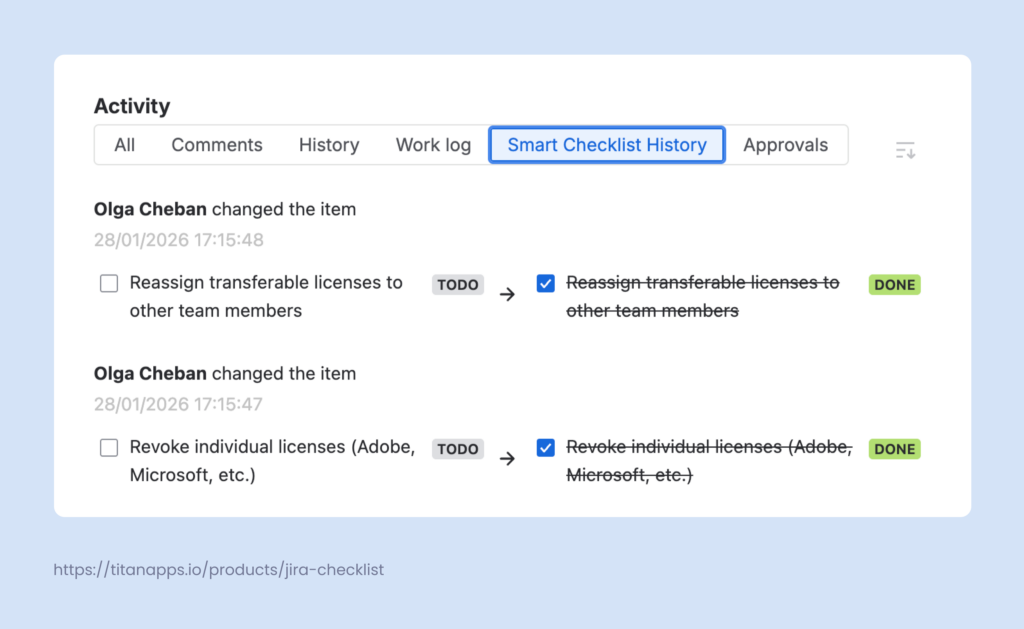 Smart Checklist History tab for compliance purposes