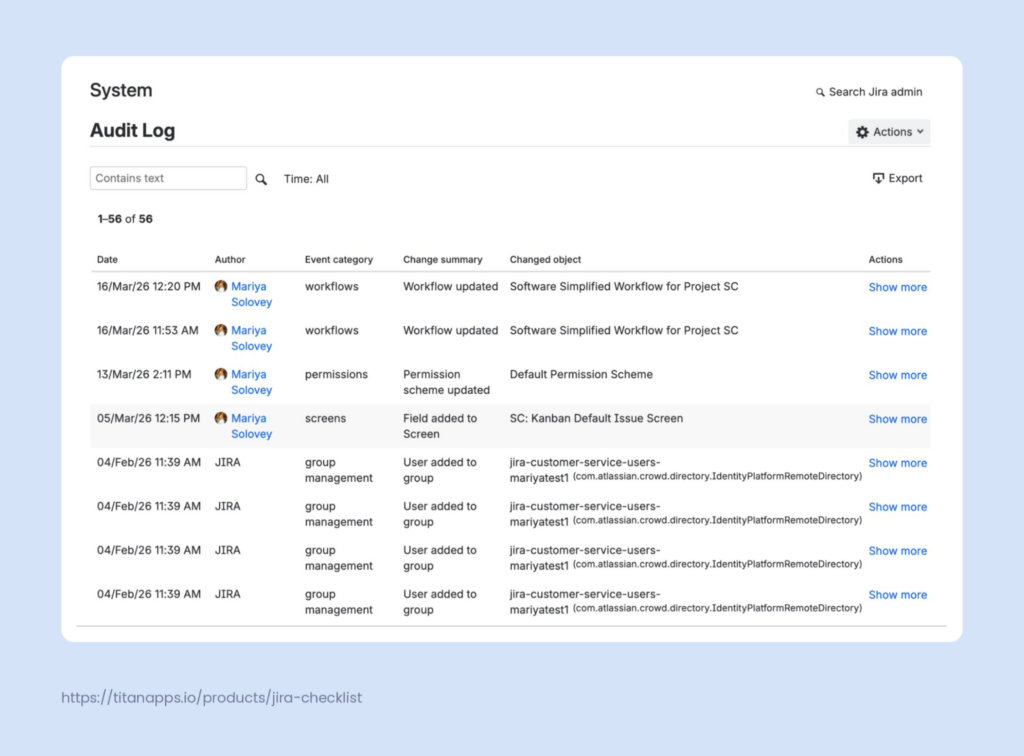 Screenshot 1. Site-Level Jira Audit Log - example