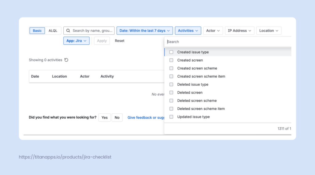 Screenshot 2. Organization-Level Jira Audit Log - filters