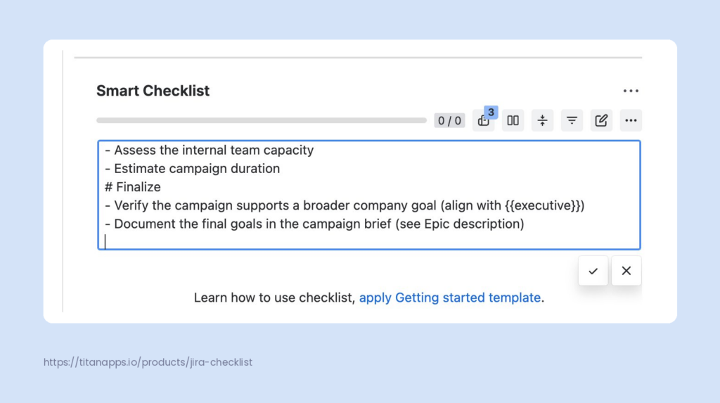 Smart Checklist edit field with multiple checklist items and headers pasted in at once.