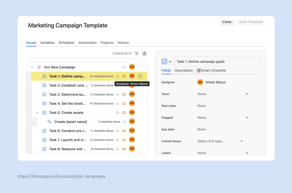 Smart Templates editor with a Marketing Campaign Template showing all tasks with a defined assignee.