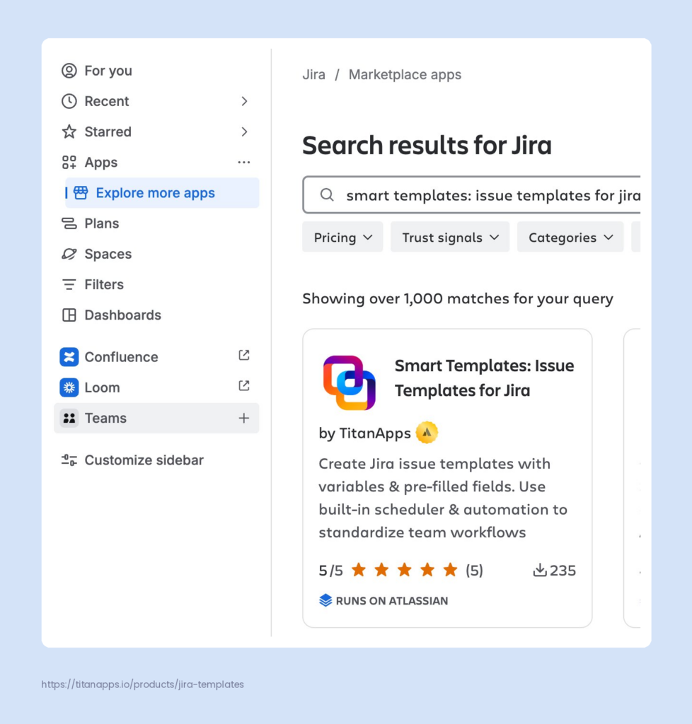 Marketplace apps search results page in Jira displaying the Smart Templates: Issue Templates for Jira app by TitanApps.