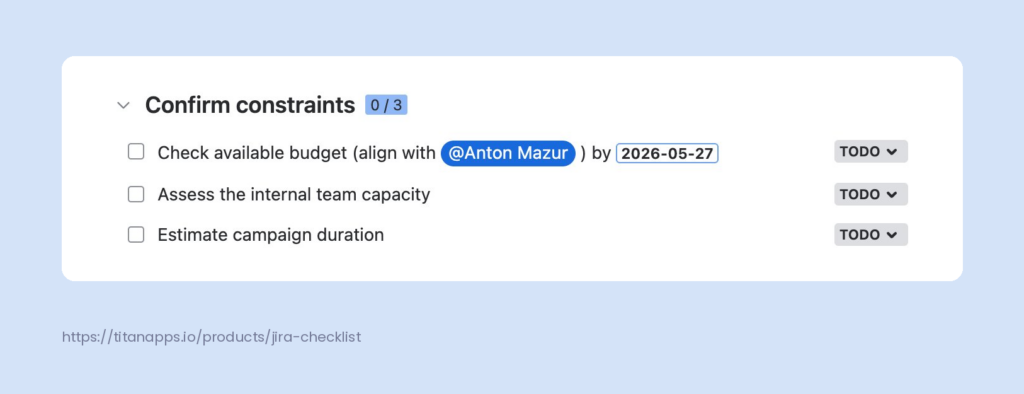 Smart Checklist checklist section showing items with an @mention and a due date.