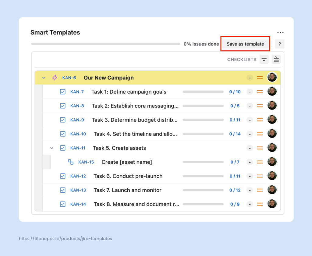 Smart Templates panel inside a Jira work item with the "Save as template" button highlighted.