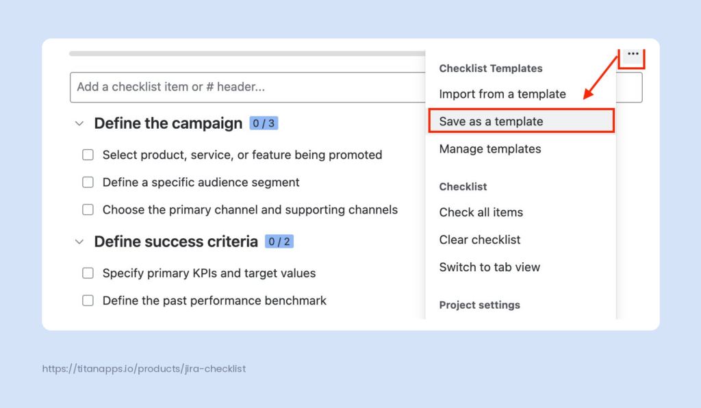Smart Checklist menu open with the "Save as a template" option highlighted.