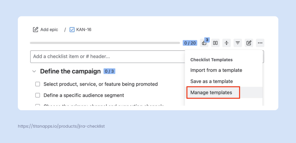 Smart Checklist menu open with the "Manage templates" option highlighted.