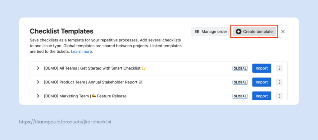 Smart Checklist Templates management page with the "Create template" button highlighted.
