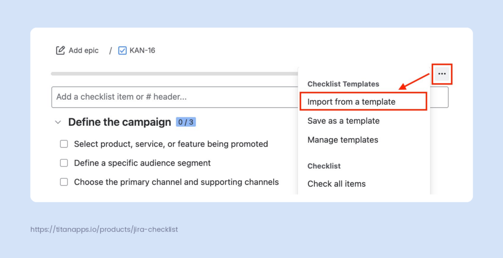 Smart Checklist menu open with the "Import from a template" option highlighted.