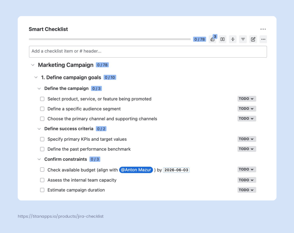 Smart Checklist for Jira showing a Marketing Campaign template.