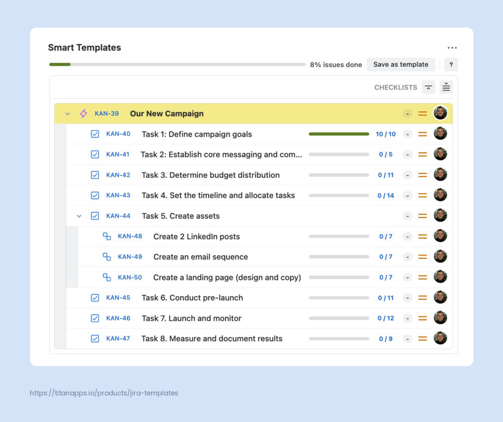 Smart Templates for Jira showing a marketing campaign Epic