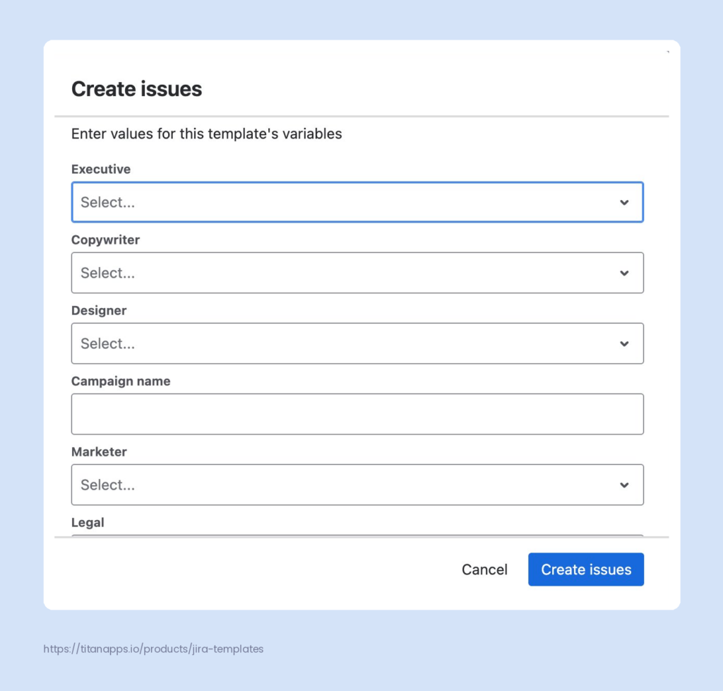 Smart Templates "Create issues" form prompting users to fill in variable values