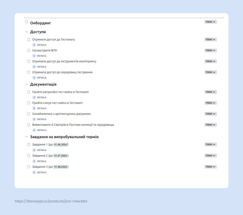 This image displays onboarding checklist in Jira for QA team. Onboarding checklist in Jira is made with Smart Checklist for Jira application 