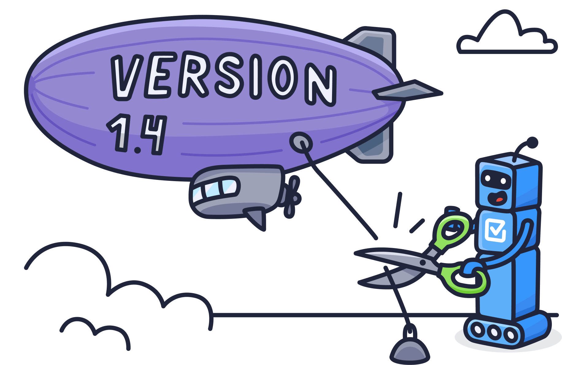 Illustration of a robot cutting the tether of a purple airship labeled "Version 1.4," symbolizing a Jira software release being shipped.