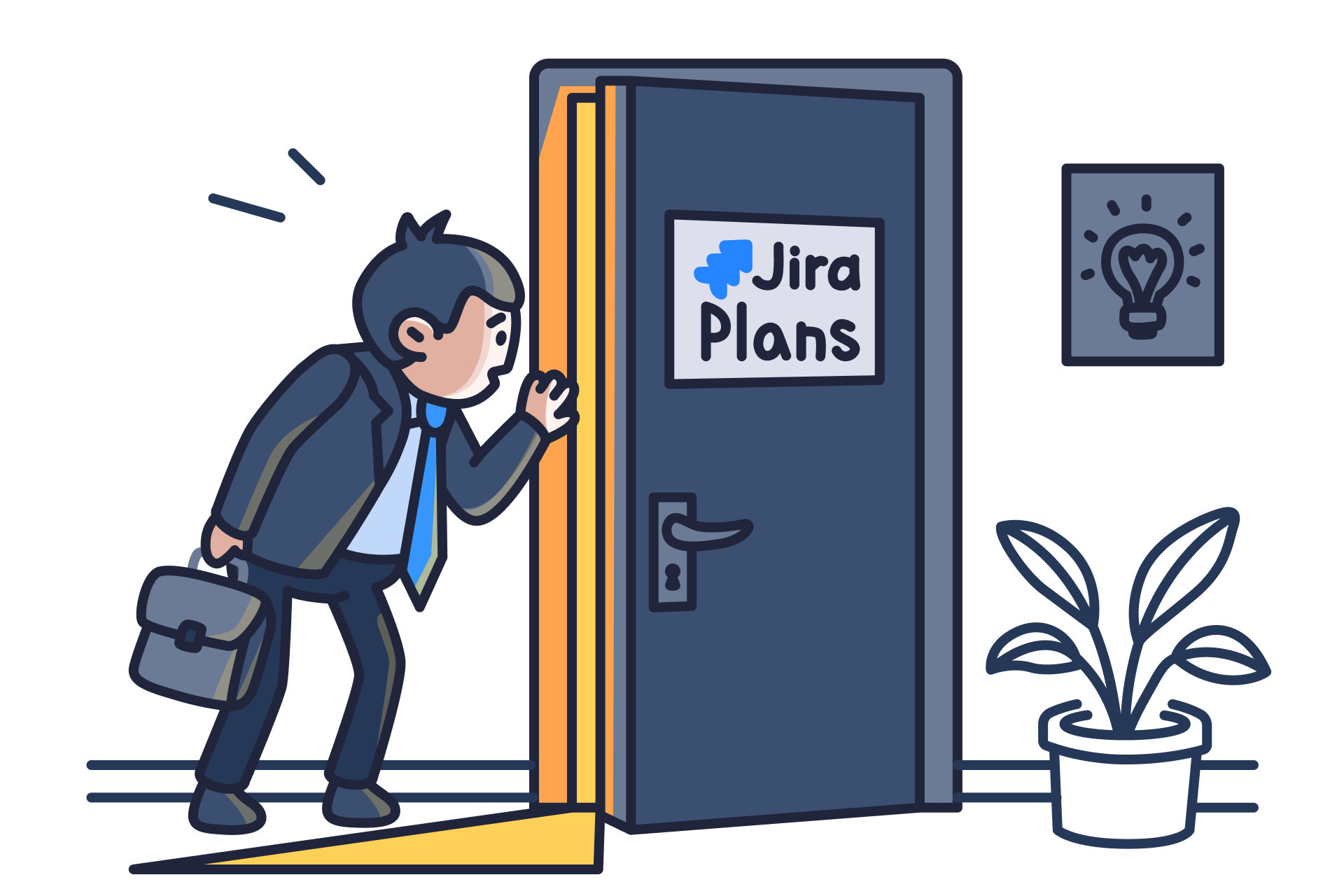 Illustration of a businessperson with a briefcase peeking through a door labeled "Jira Plans," symbolizing teams exploring whether the feature is right for them