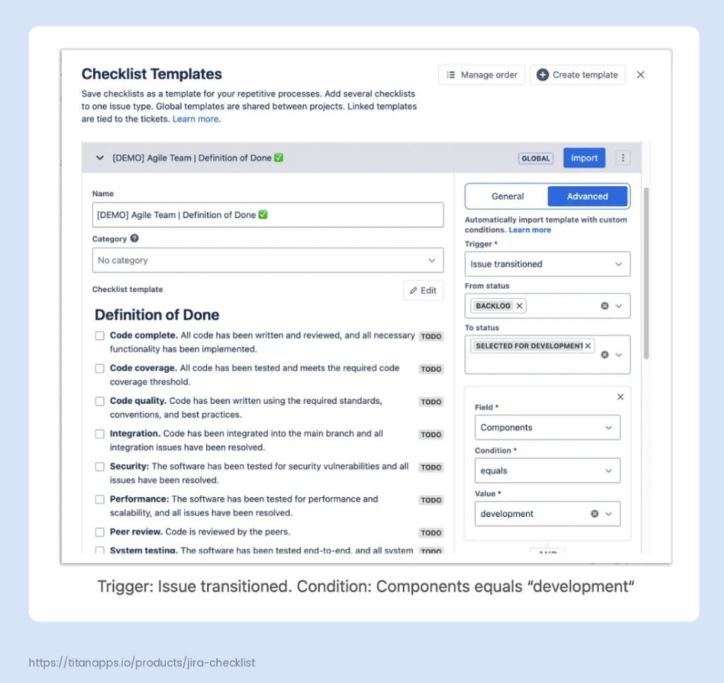 smart checklist template advanced tab with specific conditions