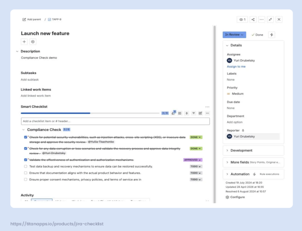 Approved status applied to a checklist item, sitting alongside default Done items.
