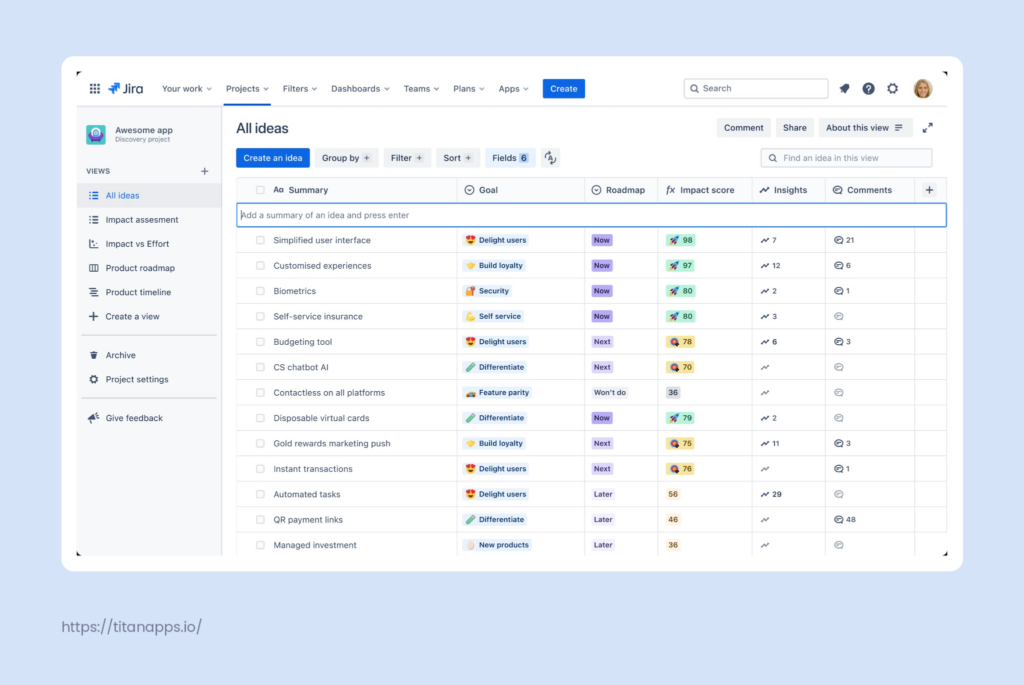 Jira Product Discovery "All ideas" view showing a table of product ideas with columns for Summary, Goal, Roadmap status, Impact score, Insights, and Comments
