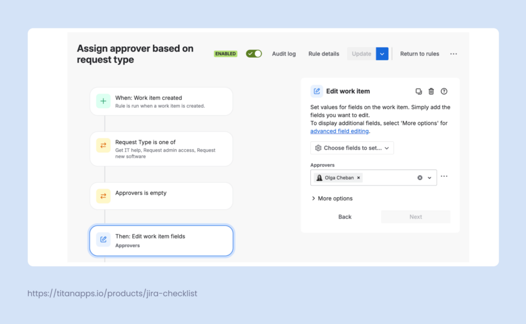 As an example of Jira Service Management automation. It checks the request type of each new ticket and adds an approver if this field value is not specified yet.