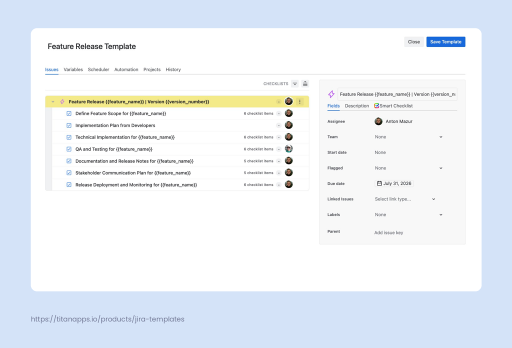 Smart Templates for Jira showing a Feature Release Template with a parent issue and seven child tasks covering scope, implementation, QA, documentation, stakeholder communication, and deployment, with variables for feature name and version number.