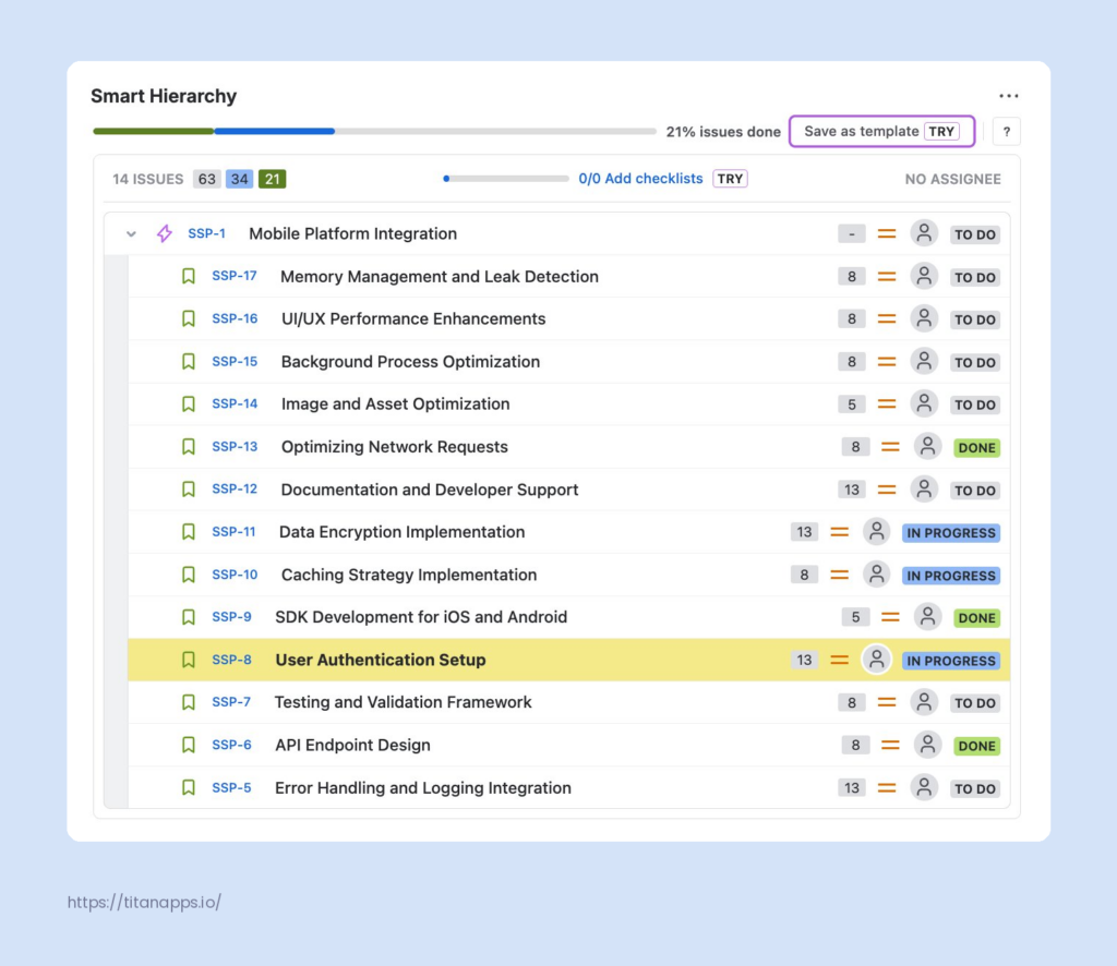 Smart Hierarchy for Jira showing 14 child issues of the Mobile Platform Integration epic