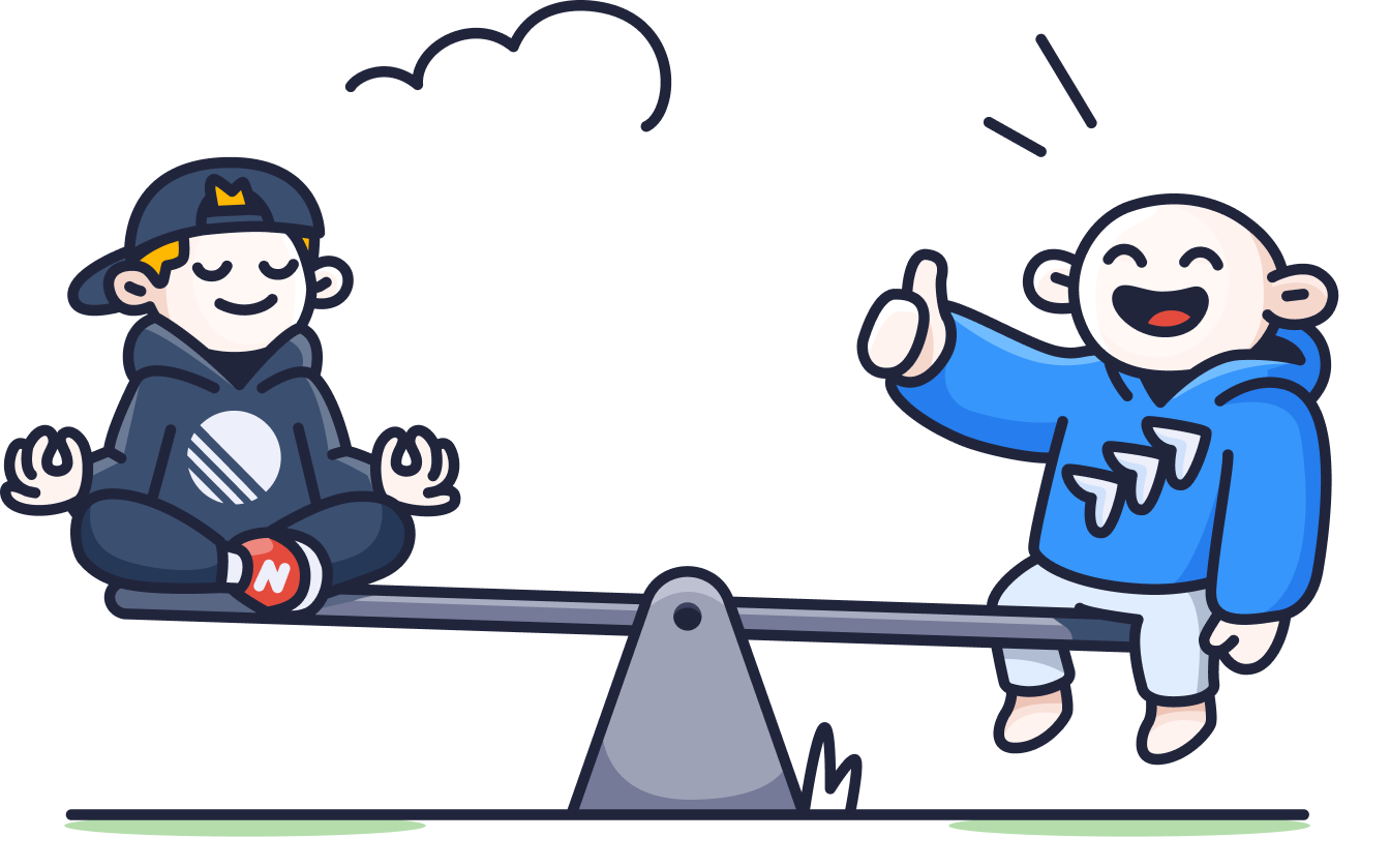 Two cartoon figures balance on a seesaw, illustrating a comparison between Jira and Linear project management tools.