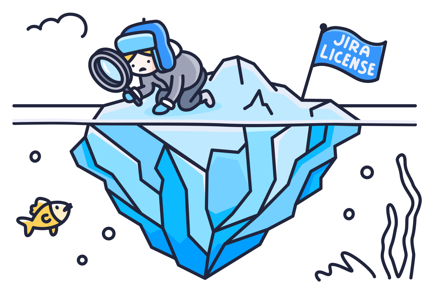 Cartoon person with a magnifying glass examining the tip of an iceberg labeled 'Jira License,' with a much larger portion hidden underwater.