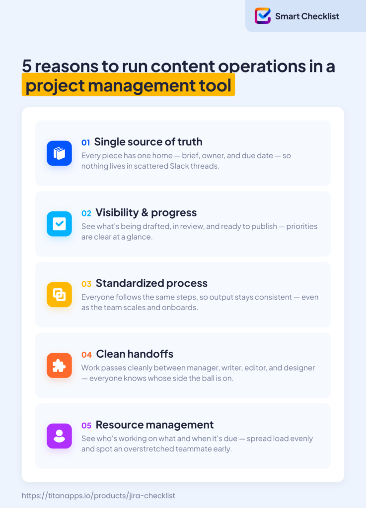 Infographic listing five reasons to run content operations in a project management tool