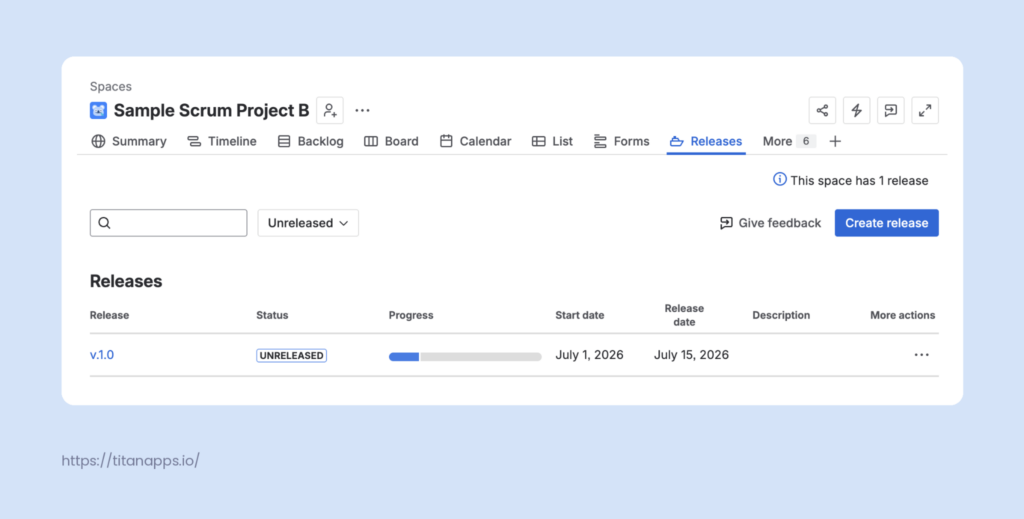 Releases tab in a Jira space showing one unreleased v.1.0 release with a progress bar and start and release dates.