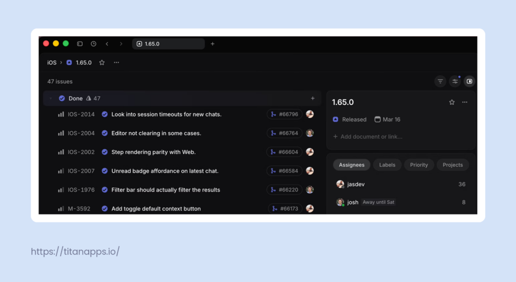Linear release detail view showing completed issues and their linked pull requests.