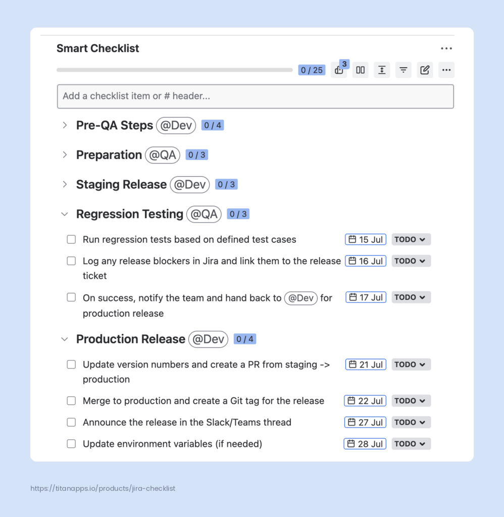 Smart Checklist structuring a Jira release process into five sections assigned to Dev and QA: Pre-QA Steps, Preparation, Staging Release, Regression Testing, and Production Release.
