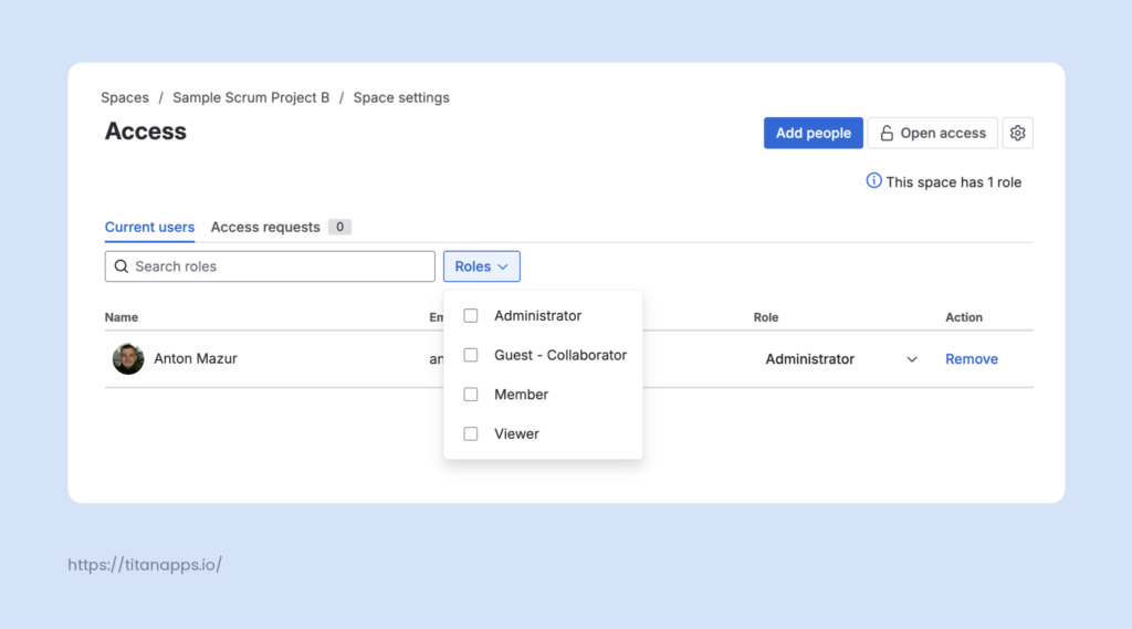 Access page in a Jira space with a Roles filter dropdown open, showing Administrator, Guest - Collaborator, Member, and Viewer options.
