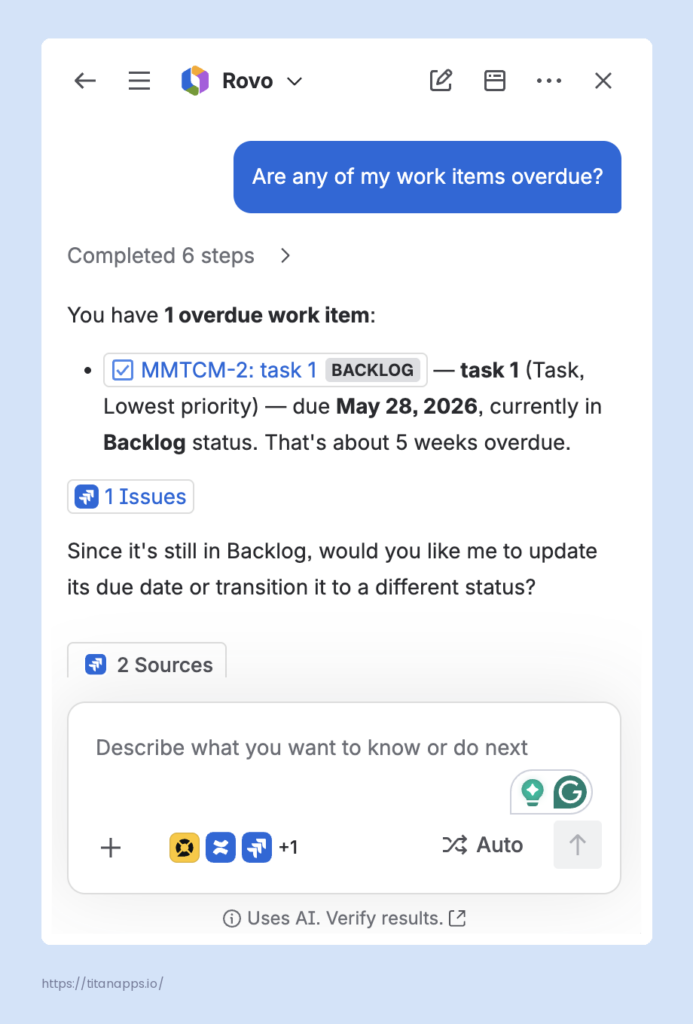 Rovo AI dialog window showing the answer to the "Are any of my work items overdue?" question