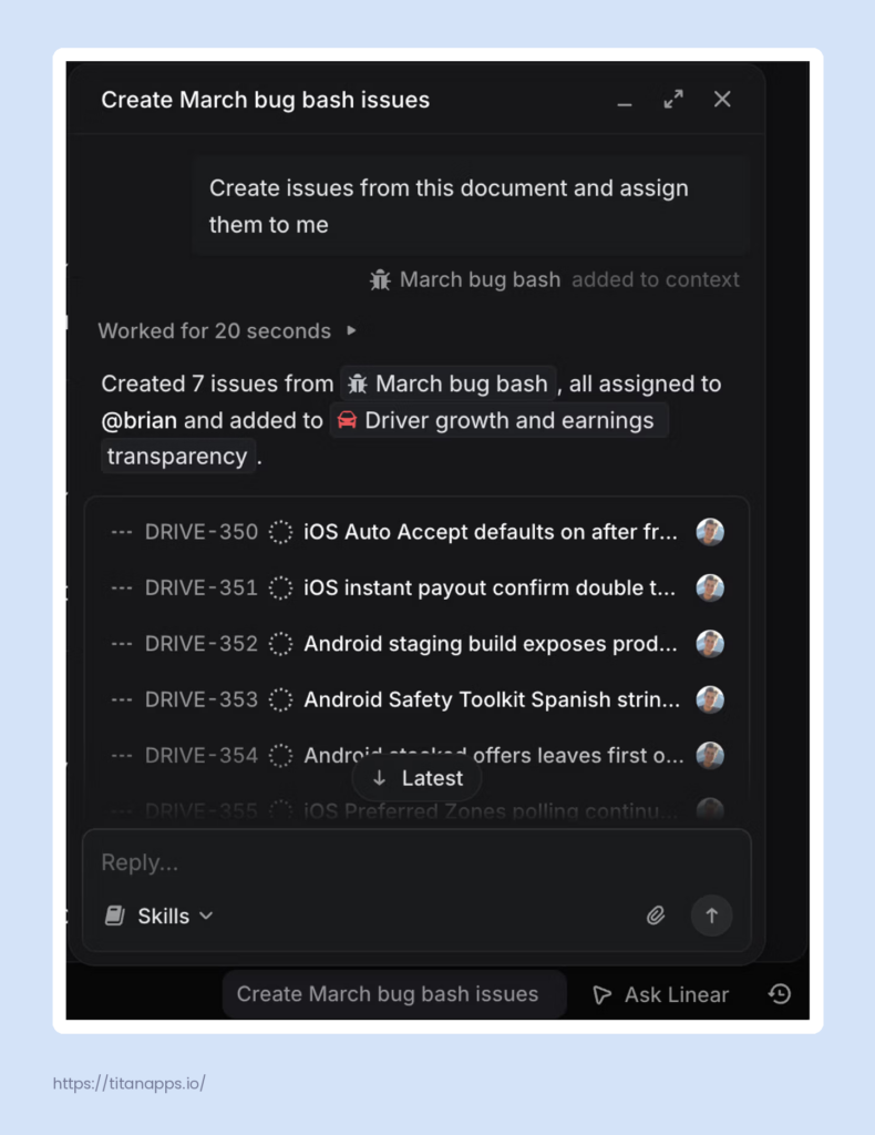 Linear Agent chat creating multiple issues from a document via prompt.