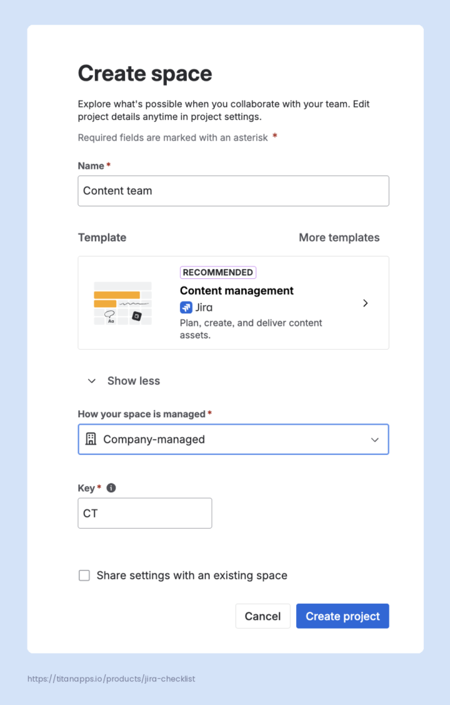 Jira "Create space" dialog with the Content management template selected as a company-managed project named Content team.