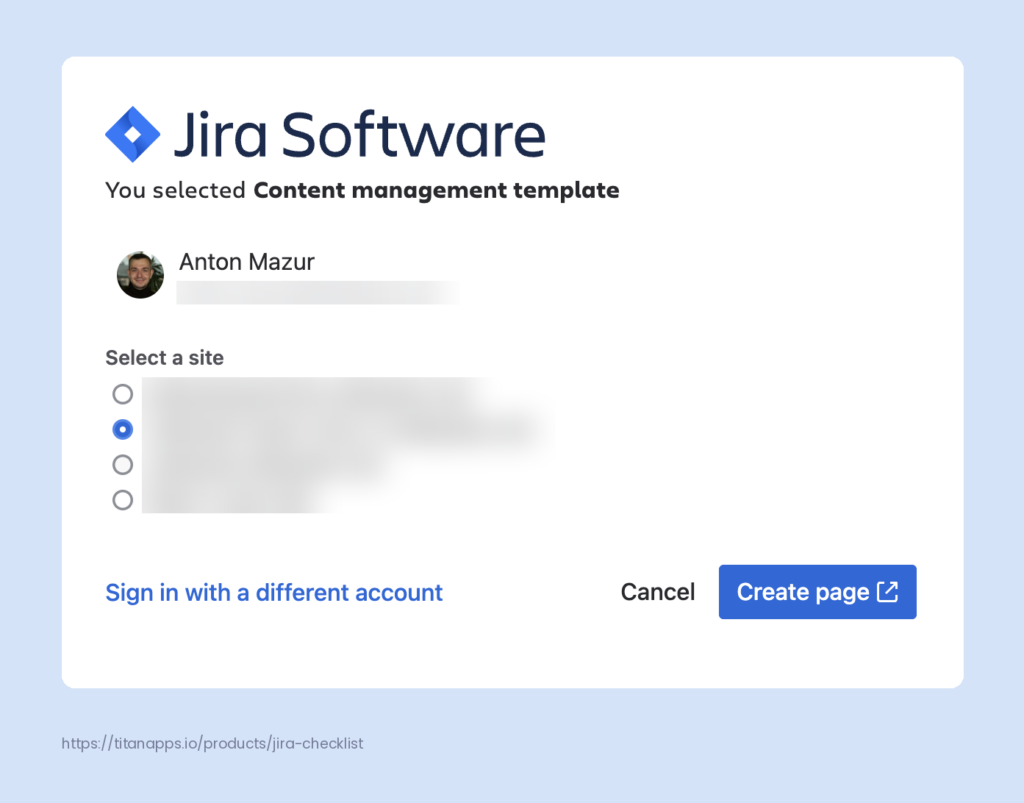 Atlassian site selection screen after choosing the Jira content management template during initial installation.