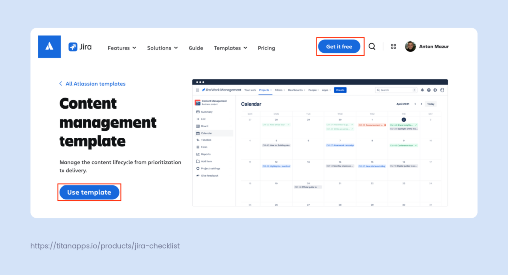 Atlassian's Jira content management template page with the "Get it free" and "Use template" buttons highlighted for installation.
