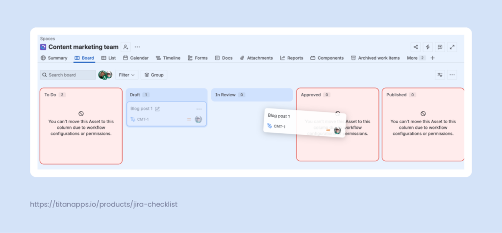 Jira board illustrating a content workflow restriction: a blog post in Draft can't move directly to Approved without passing through In Review.