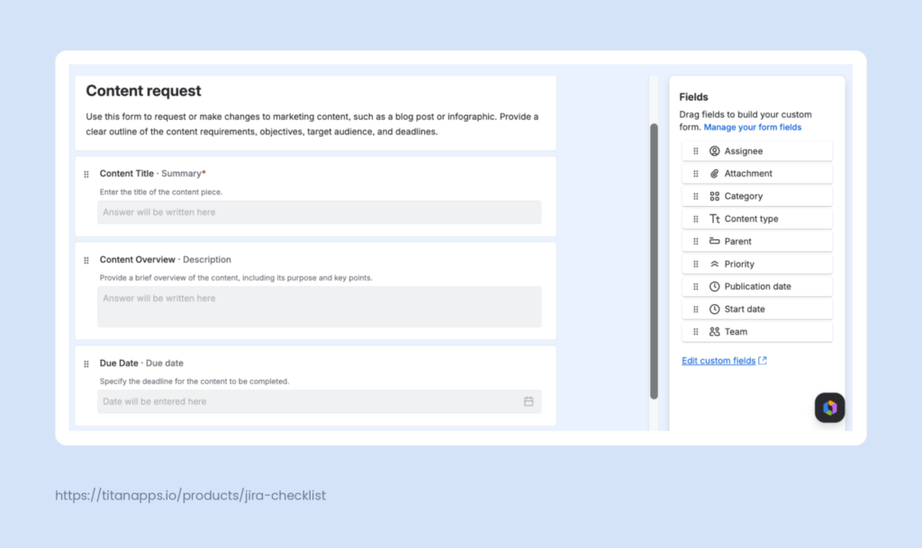 Jira Forms "Content request" template with fields for Content Title, Content Overview, and Due Date, used by the marketing team to formalize content briefs.