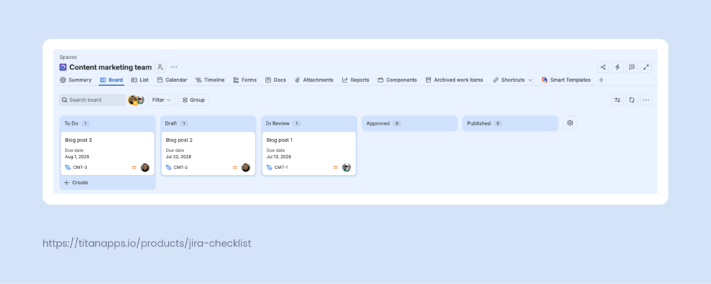 Jira Kanban board of the Content marketing team space, with blog posts organized across To Do, Draft, In Review, Approved, and Published columns.