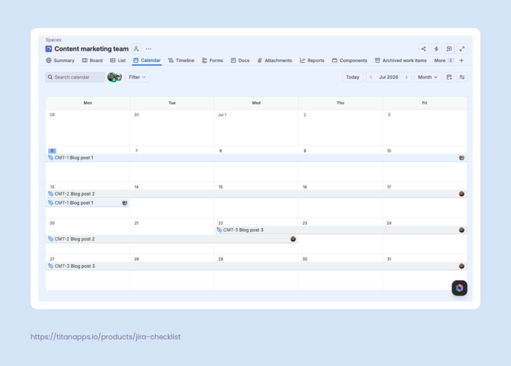 Jira calendar view of the Content marketing team space, displaying three scheduled blog posts across July 2026 as a monthly publishing schedule.