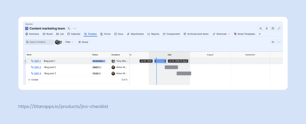 Jira Timeline view of the Content marketing team space, used for content planning with drag-and-drop start and due dates on three blog post work items.
