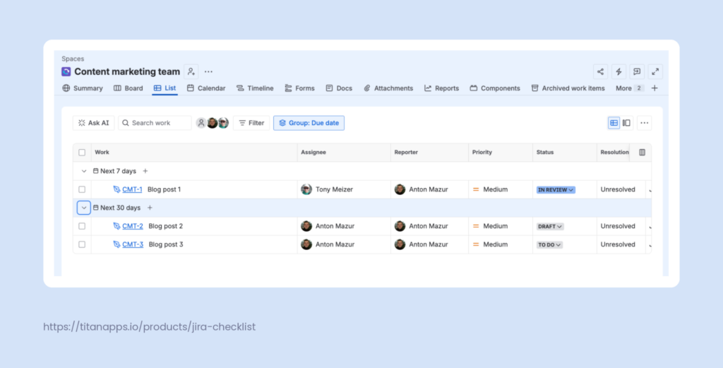 Jira List view of the Content marketing team space, grouped by due date, showing blog posts scheduled within the next 7 and 30 days.