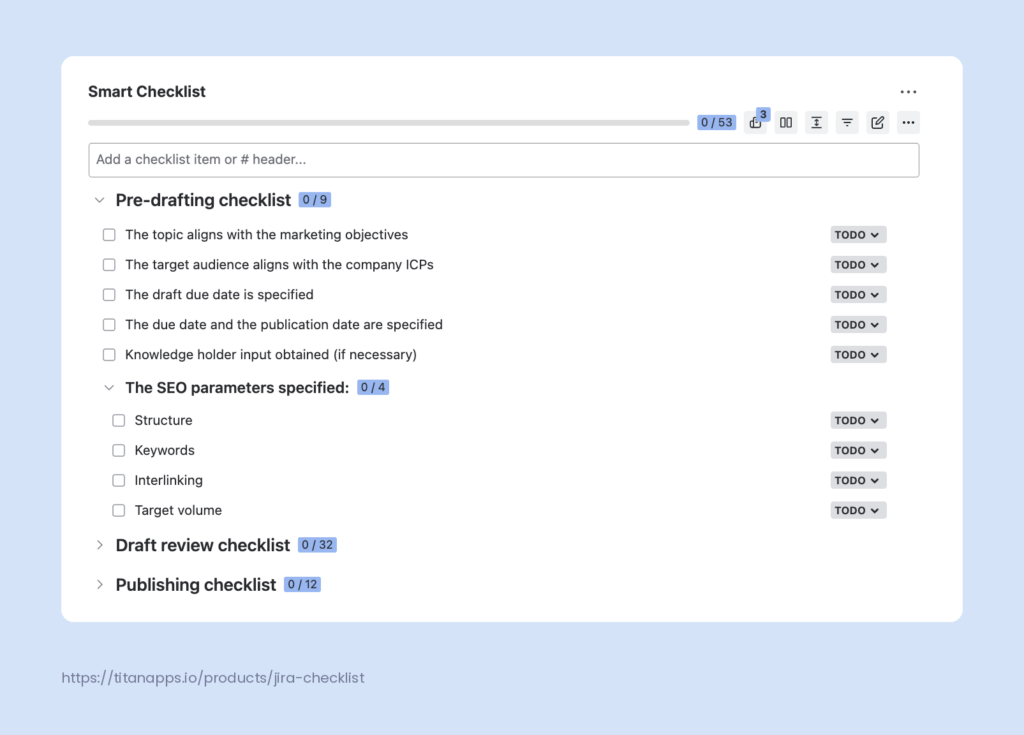 Smart Checklist for Jira on a blog post work item, with a combined pre-drafting, draft review, and publishing checklist to guide the content creation process