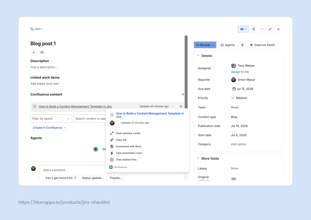 Jira blog post work item linked to a Confluence document, showing publication date, assignee, and content type fields used in the content creation process.